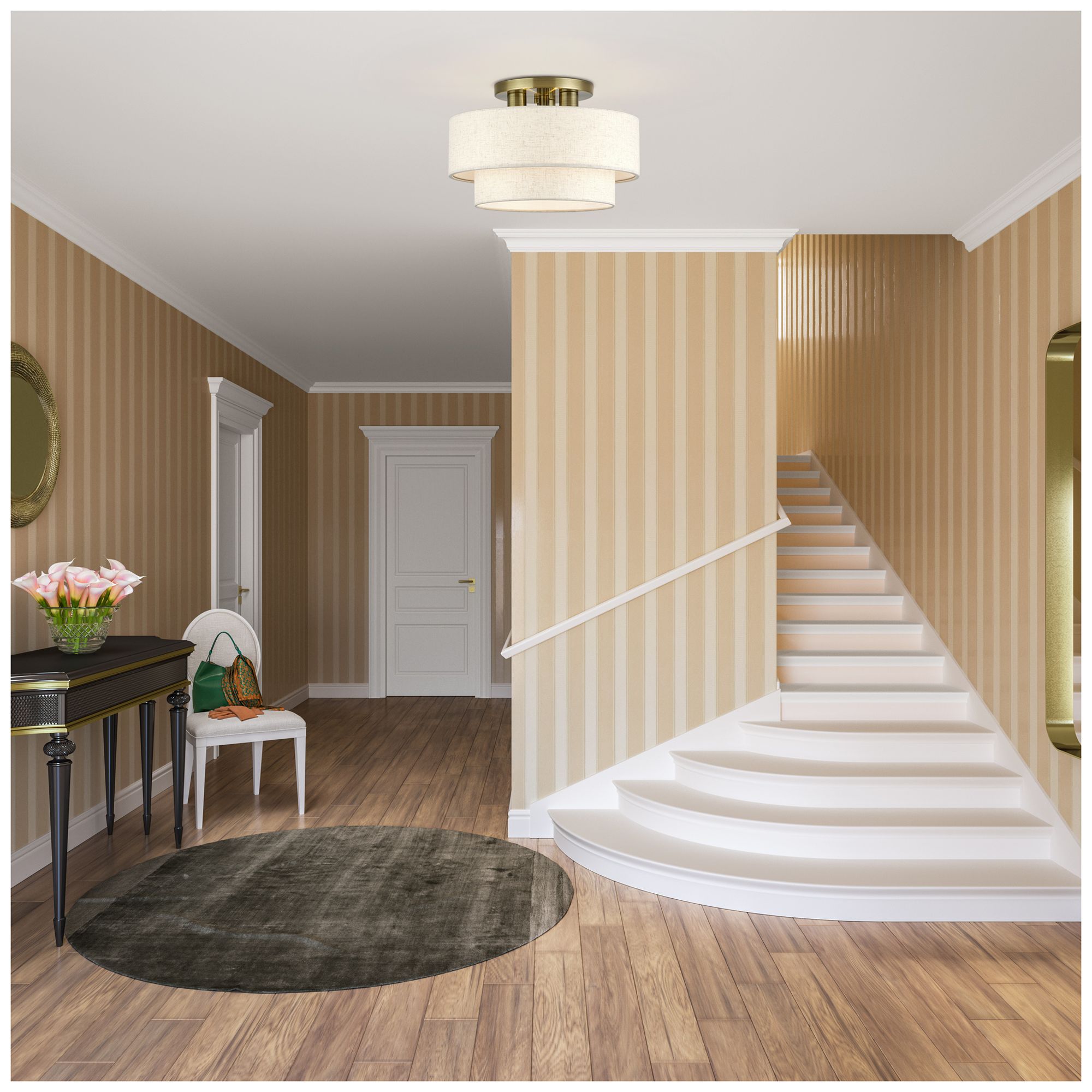 Manorwood 3 Light Antique Brass Large Semi-Flush