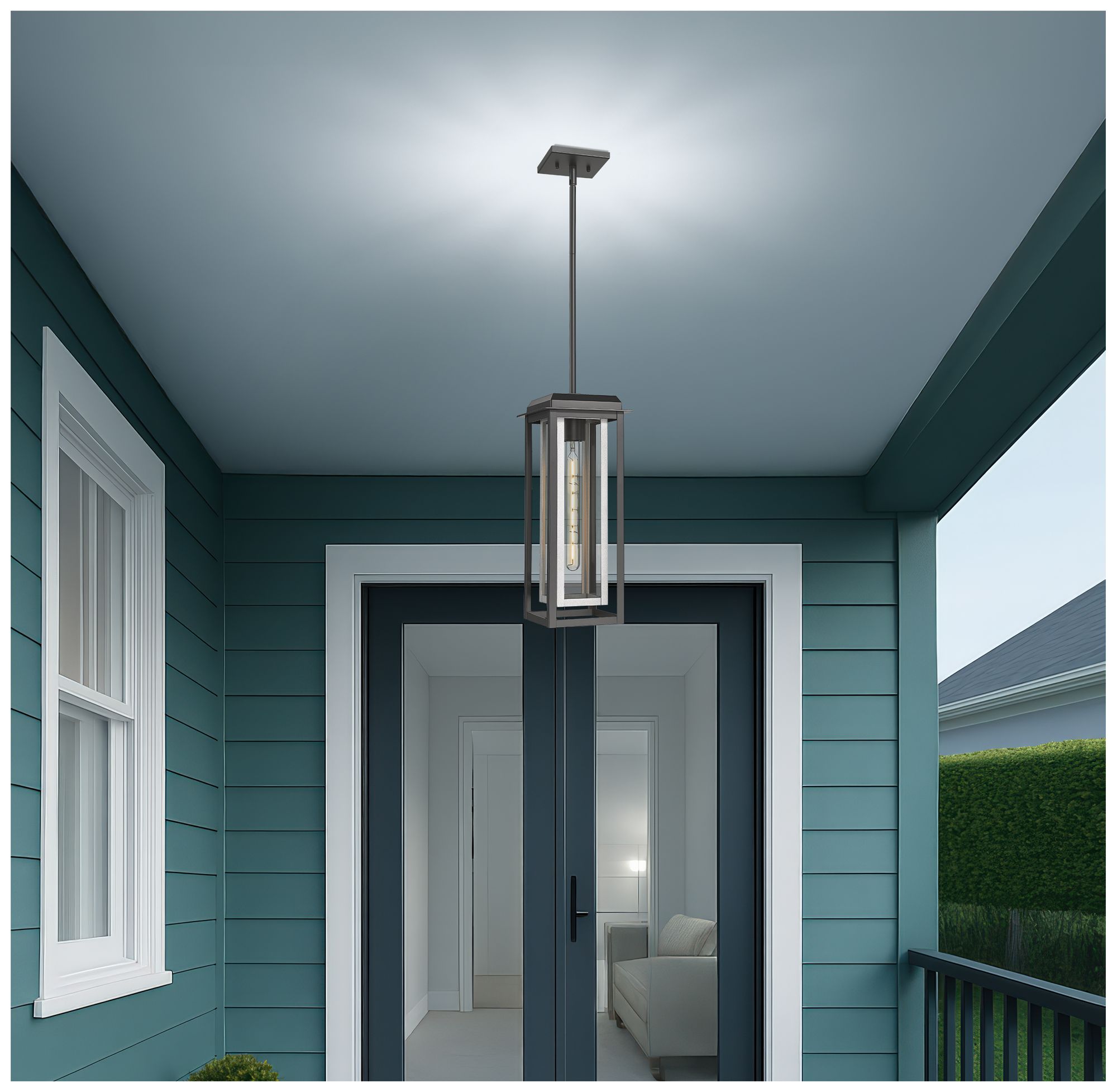 Image 2 Mansfield 19" Matte Black & Silver Outdoor Latern Pendant With Clear Glass more views