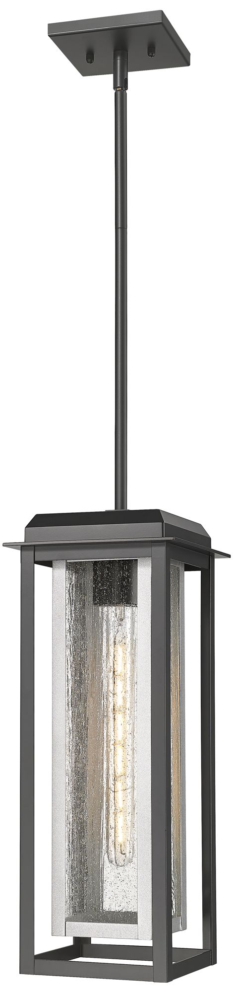 Mansfield 19" Matte Black & Silver Outdoor Latern Pendant With Seeded Glass