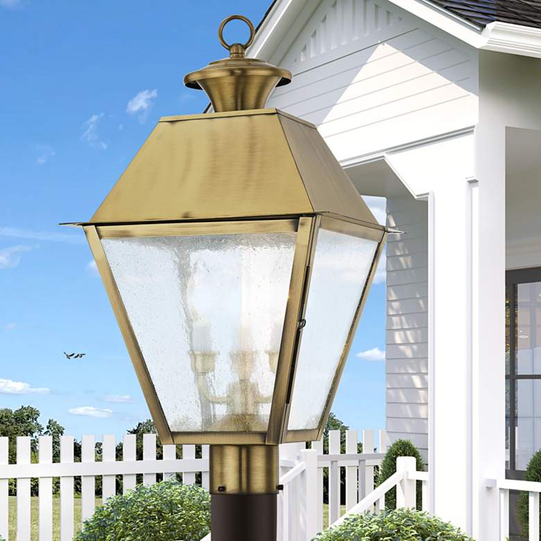Image 1 Mansfield 22" High Antique Brass 3-Light Outdoor Post Light