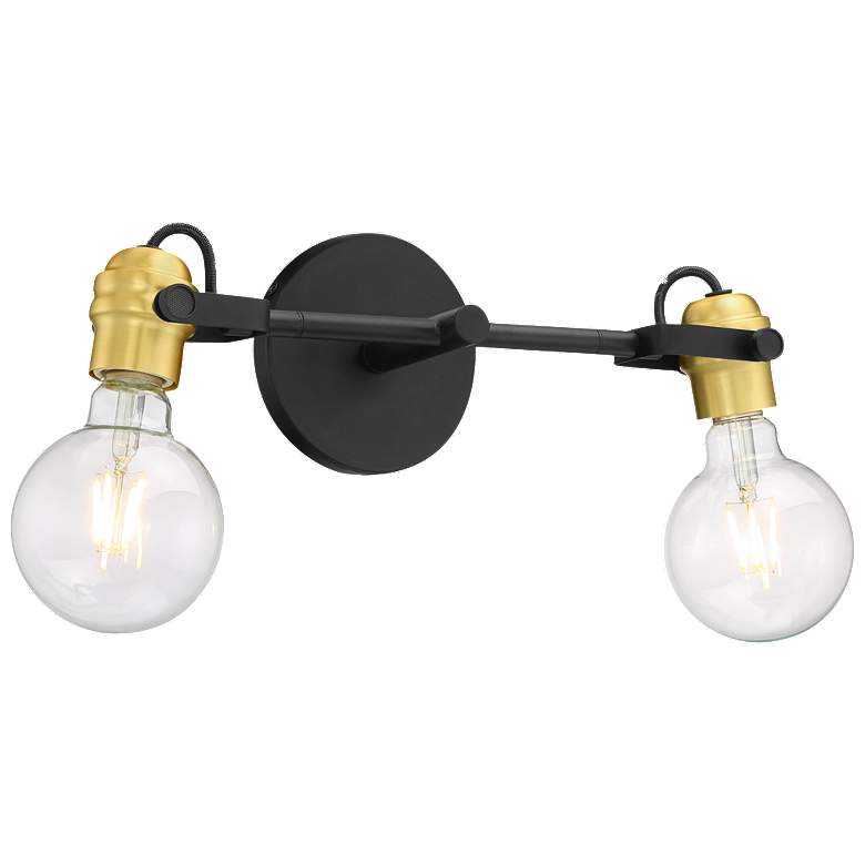 Image 1 Mantra; 2 Light; Vanity Fixture; Black Finish with Brushed Brass Sockets