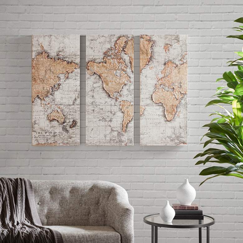 Image 1 Map of the World 35"H 3-Piece Printed Canvas Wall Art Set