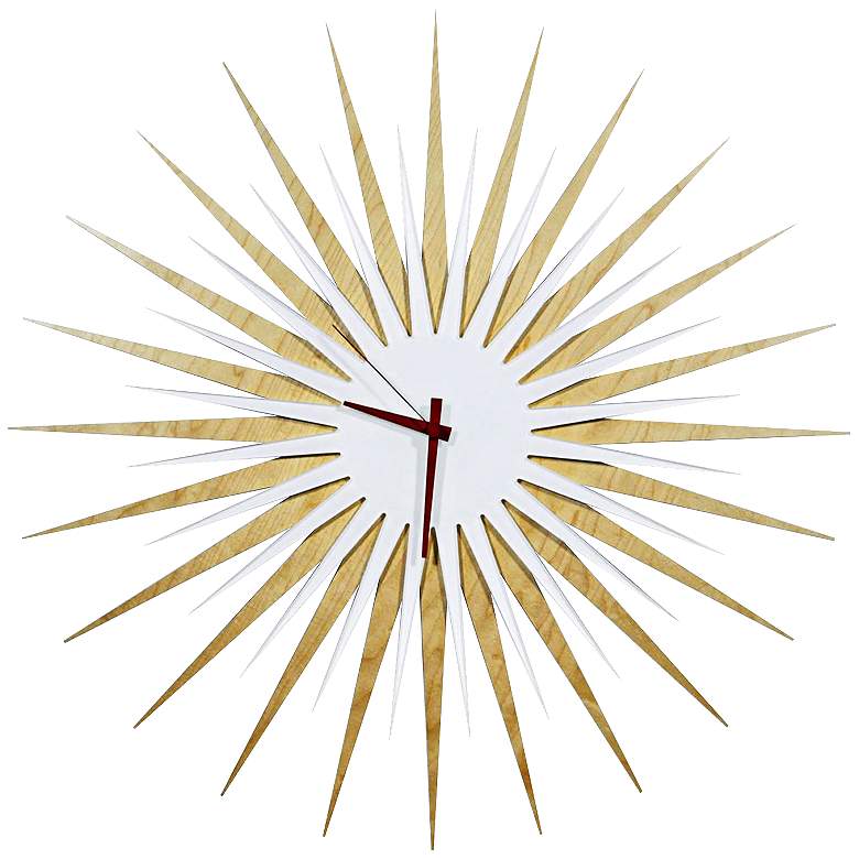 Image 1 Maple Wood and Red 23 inch Modern Starburst Wall Clock