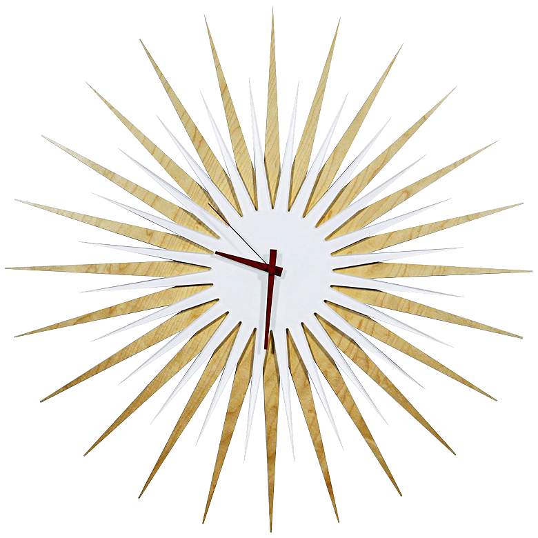 Image 1 Maple Wood and Red 23" Modern Starburst Wall Clock