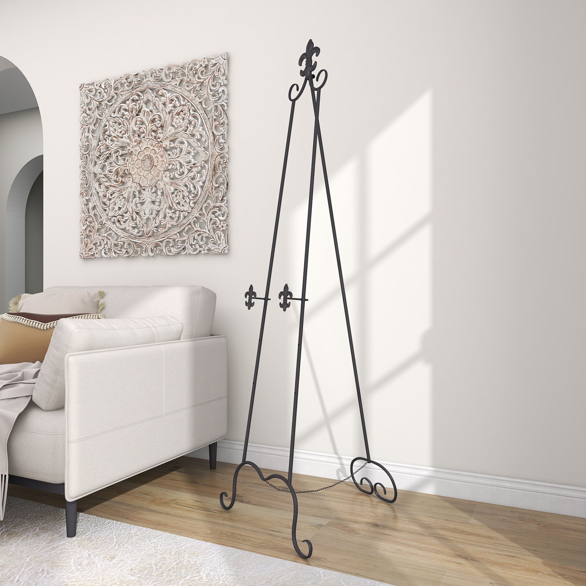 Mara 65"H Black Iron Scrolled Adjustable Stand Floor Easel