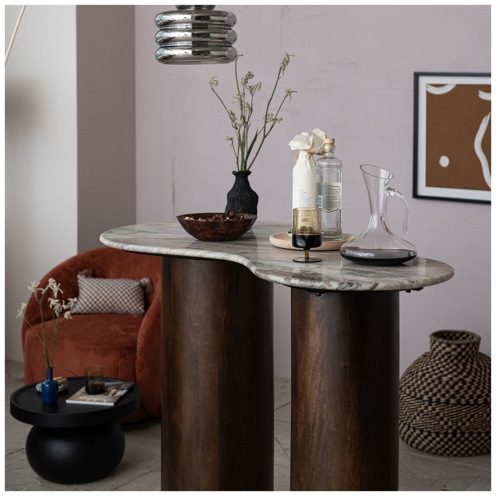 Image 4 Marble and Mango Wood Organic Shaped Bar Height Table, Walnut Finish more views