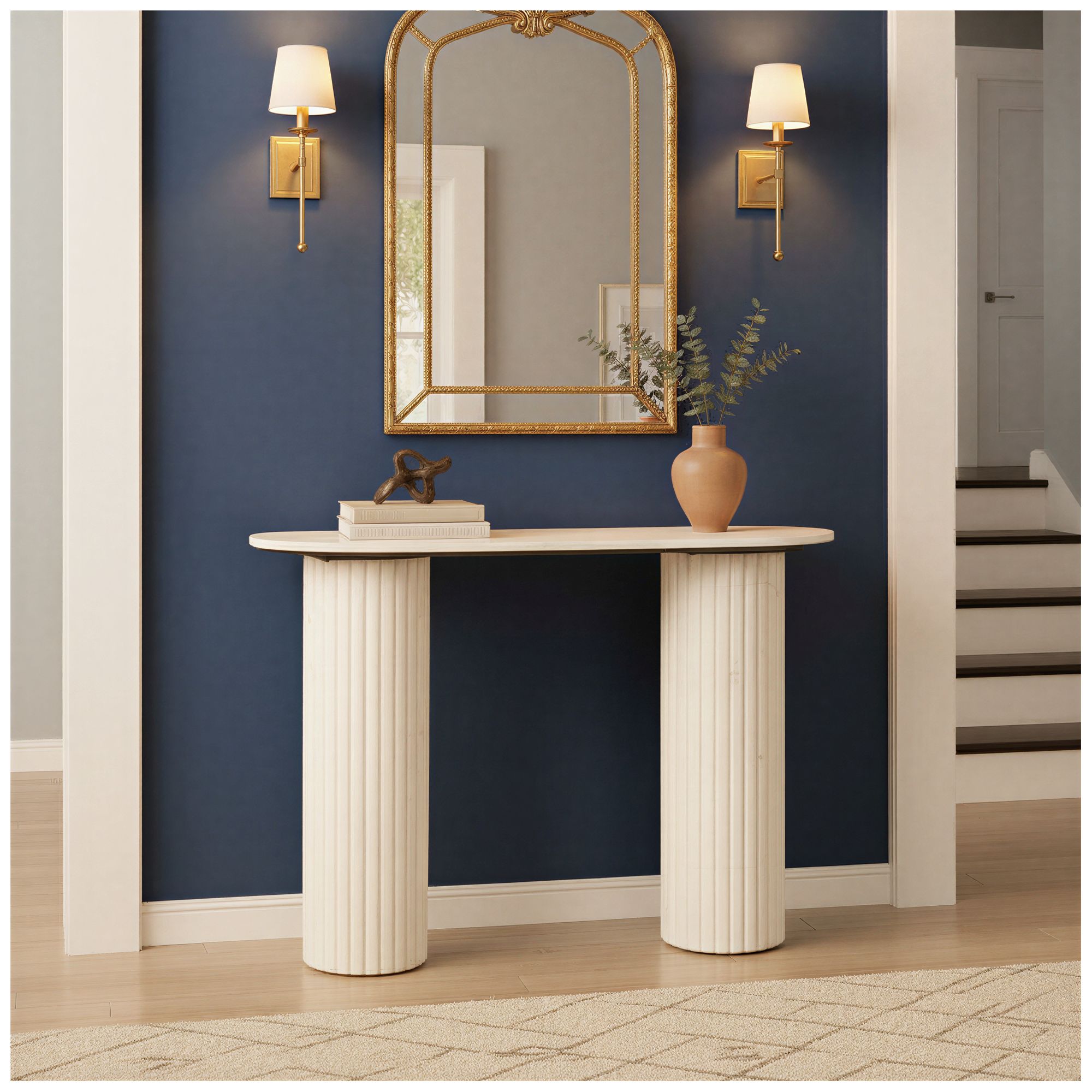 Image 2 Marble Console Table with Fluted Column Base, White more views