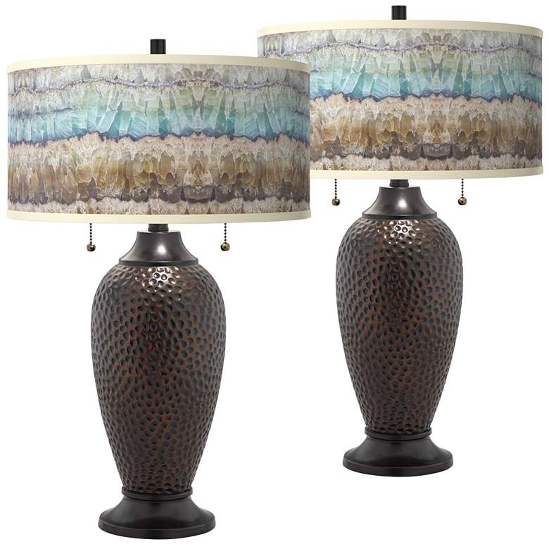 Image 1 Marble Jewel Giclee Glow Hammered Bronze Table Lamps Set of 2