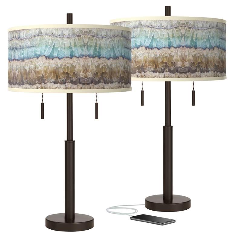 Marble Jewel Robbie Bronze Giclee Glow USB Table Lamps Set of 2
