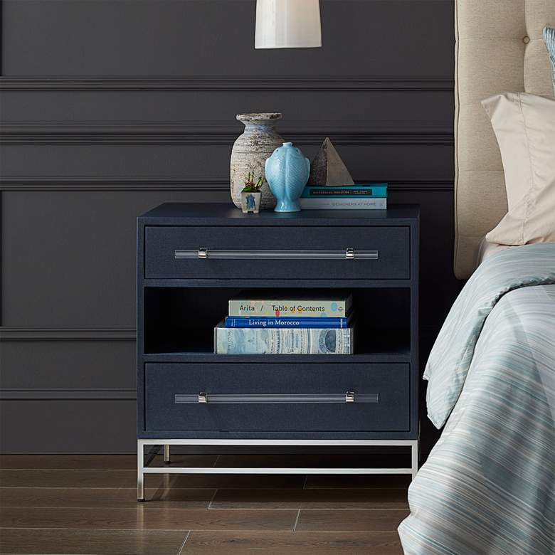 Image 2 Marcel 28 inch Wide Navy Blue Lacquered 2-Drawer Nightstand