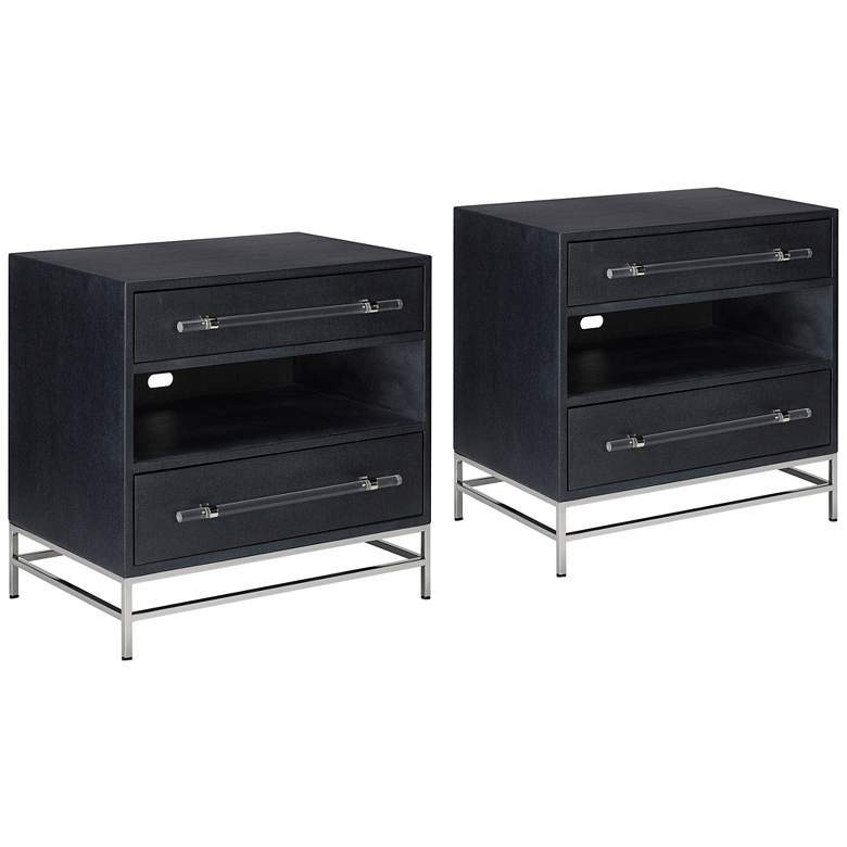 Image 1 Marcel 28 inch Wide Navy Blue Lacquered Linen Modern Nightstands Set of 2