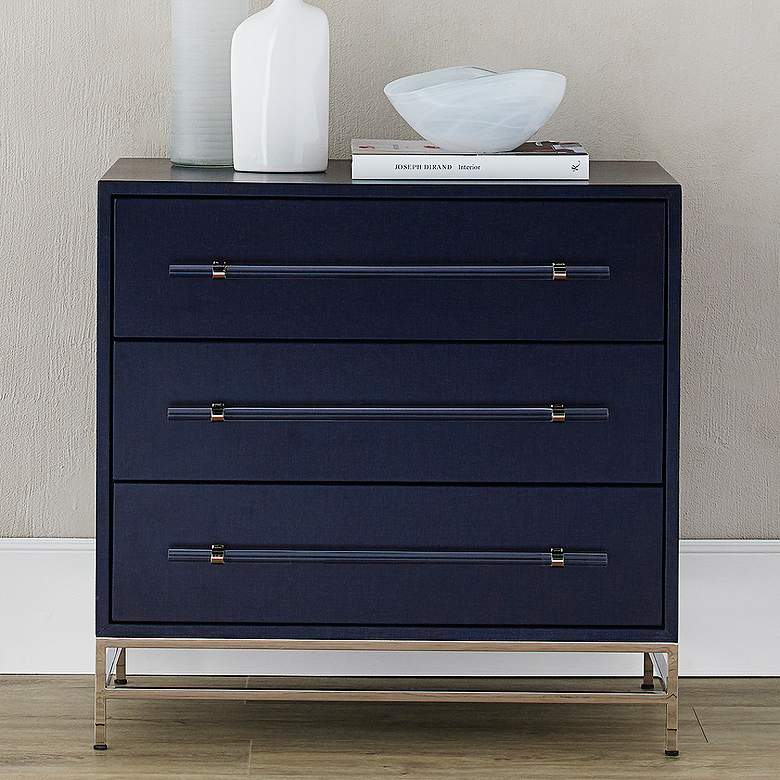 Image 2 Marcel 32 inch Wide Navy Lacquered Linen 3-Drawer Accent Chest