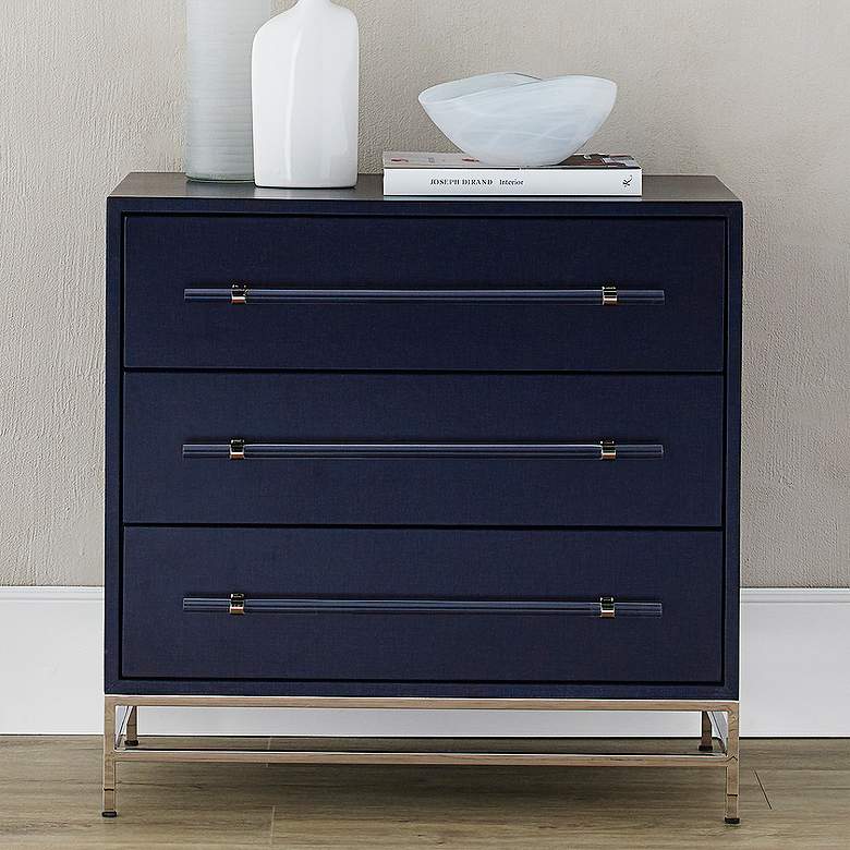 Image 1 Marcel 32" Wide Navy Lacquered Linen 3-Drawer Accent Chest