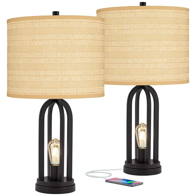 Image 1 Marcel Black LED USB Table Lamps Set of 2 with Tan Shade