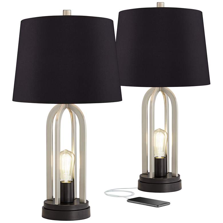 Image 1 Marcel Brushed Nickel Black Shade USB Table Lamps Set of 2