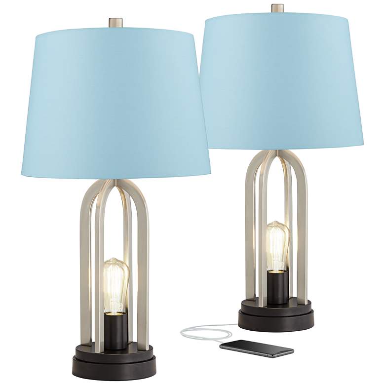 Image 1 Marcel Brushed Nickel Blue Hardback USB Table Lamps Set of 2