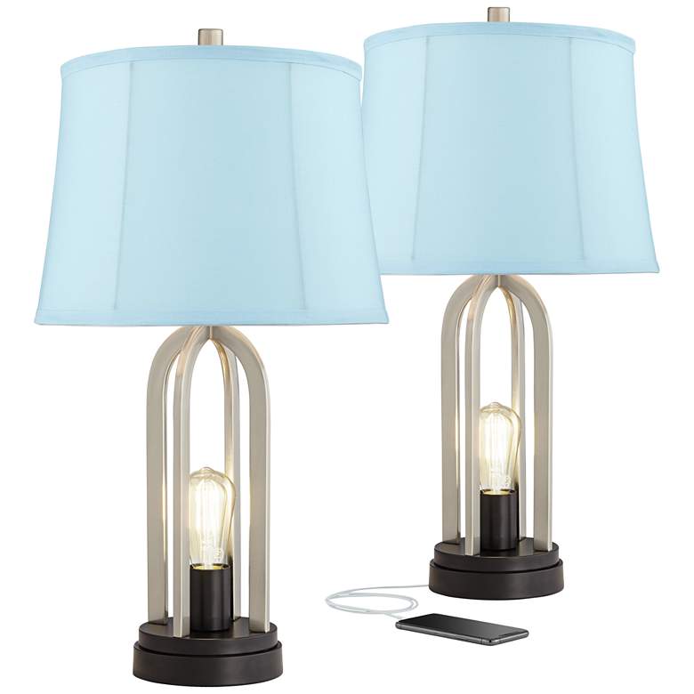 Image 1 Marcel Brushed Nickel Blue Softback USB Table Lamps Set of 2