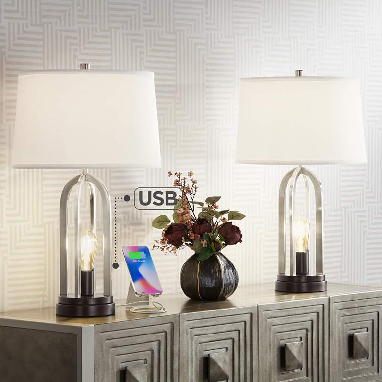 Marcel Brushed Nickel Night Light USB Table Lamps Set of 2