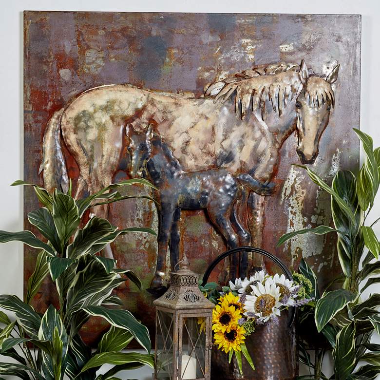 Image 1 Mare and Foal 47 inch Square Textured Metal Wall Art
