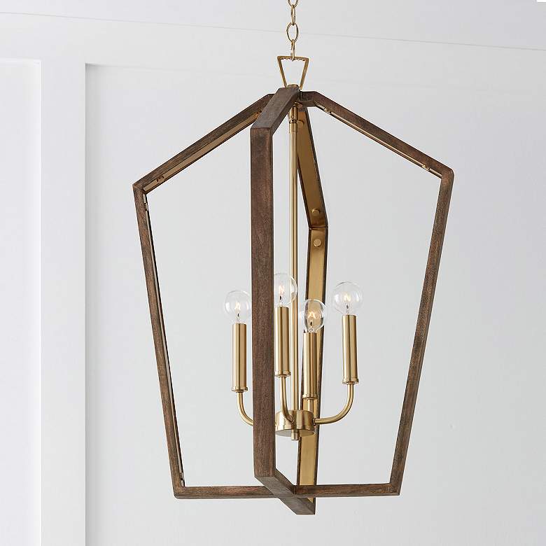 Image 1 Maren 20" Wide Nordic Wood and Matte Brass 4-Light Pendant