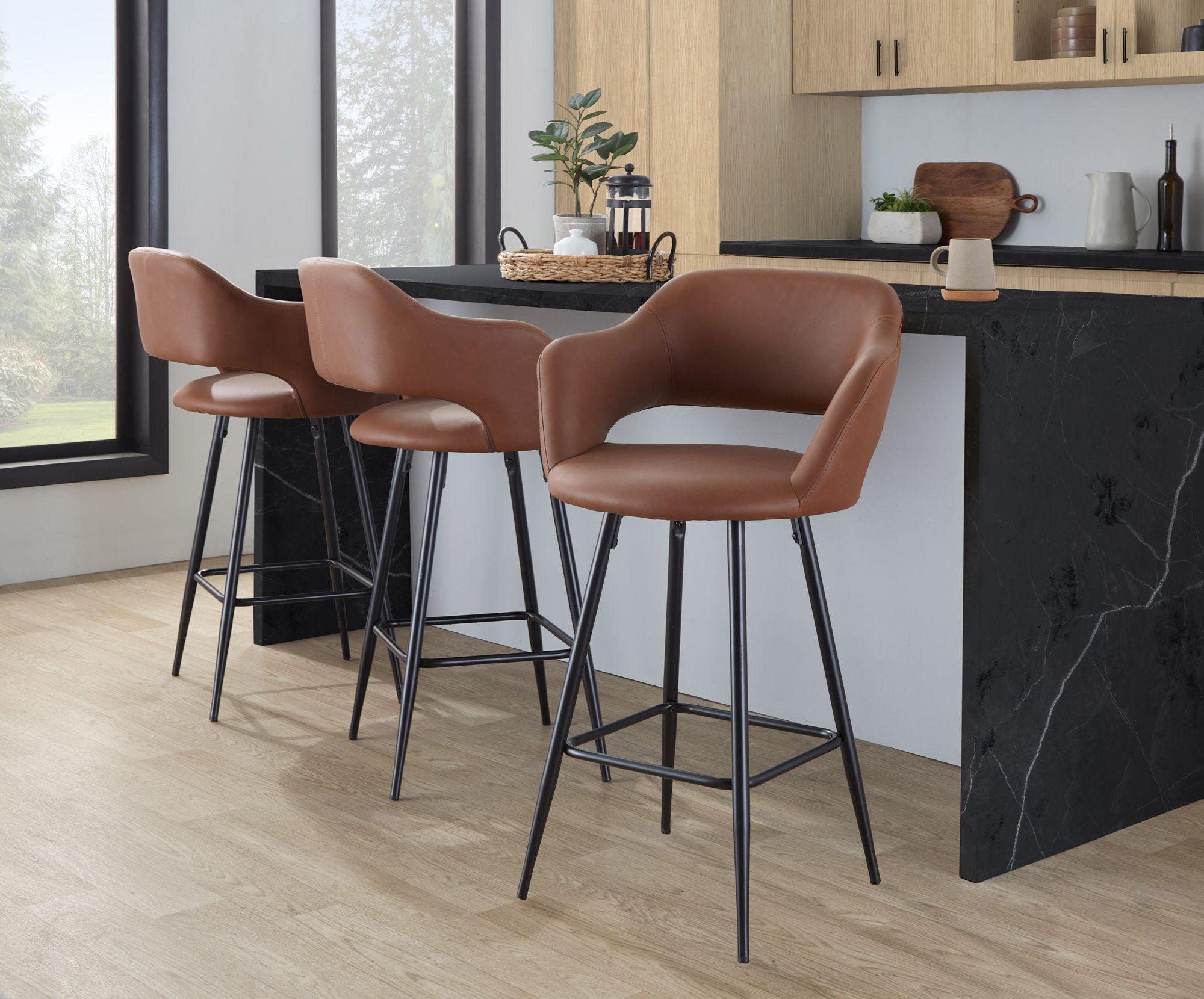 Margarite Counter Stool in Brown Faux Leather by LumiSource Pair