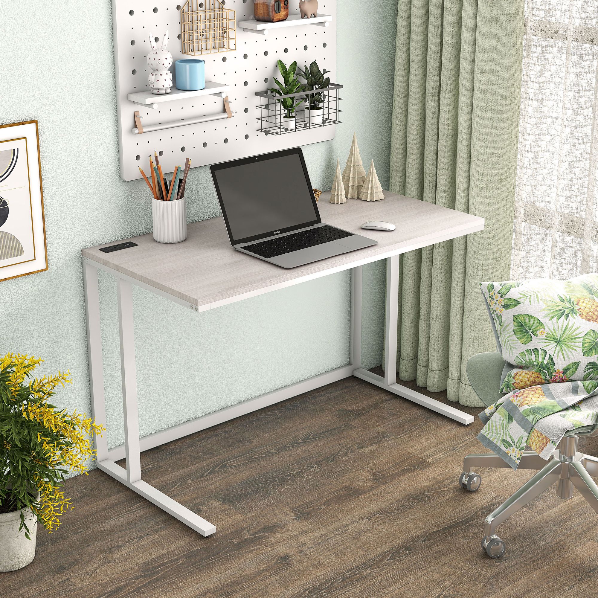 Margeta 47" Wide Light Oak and White Writing Desk with USB Port