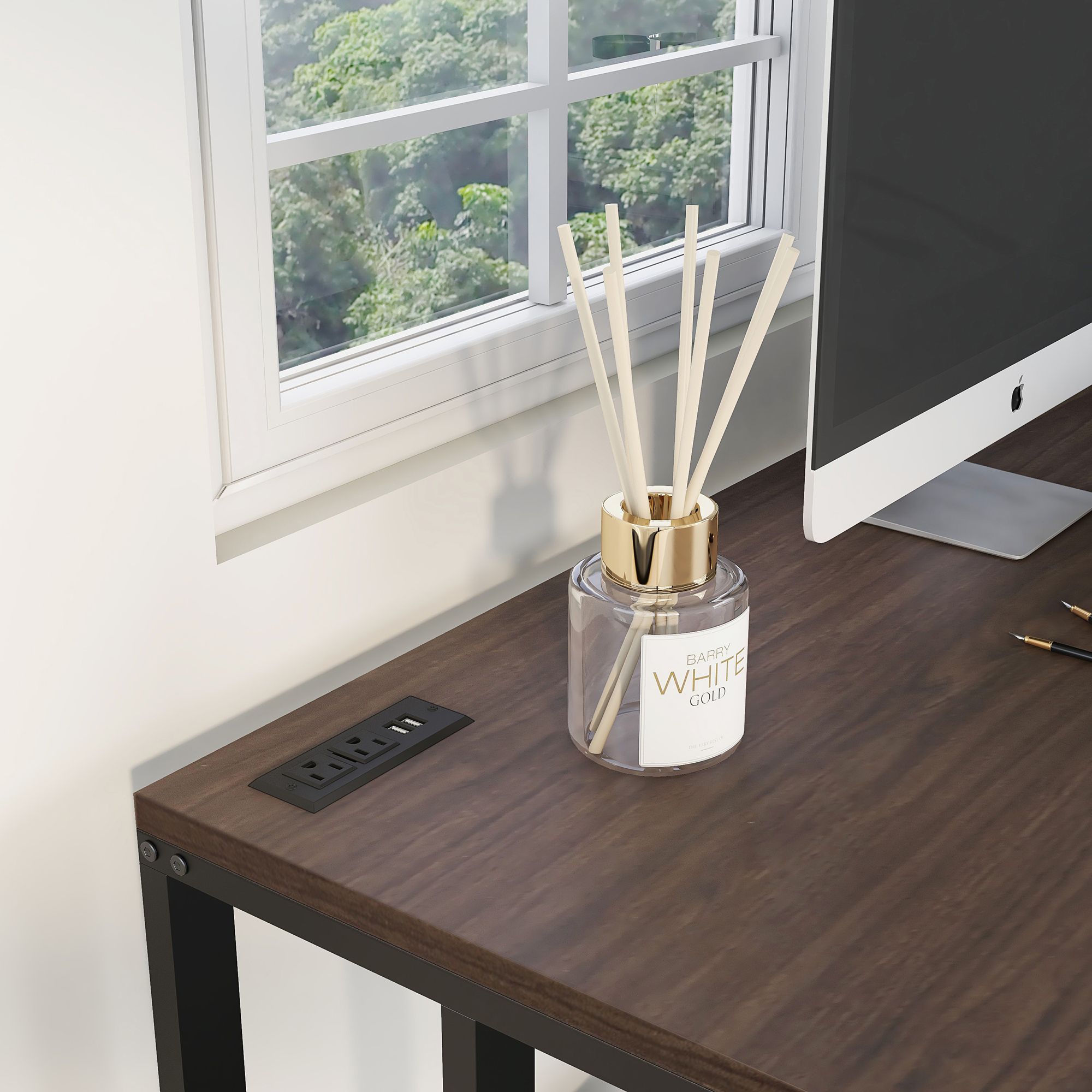 Margeta 47" Wide Walnut and Black Writing Desk with USB Port