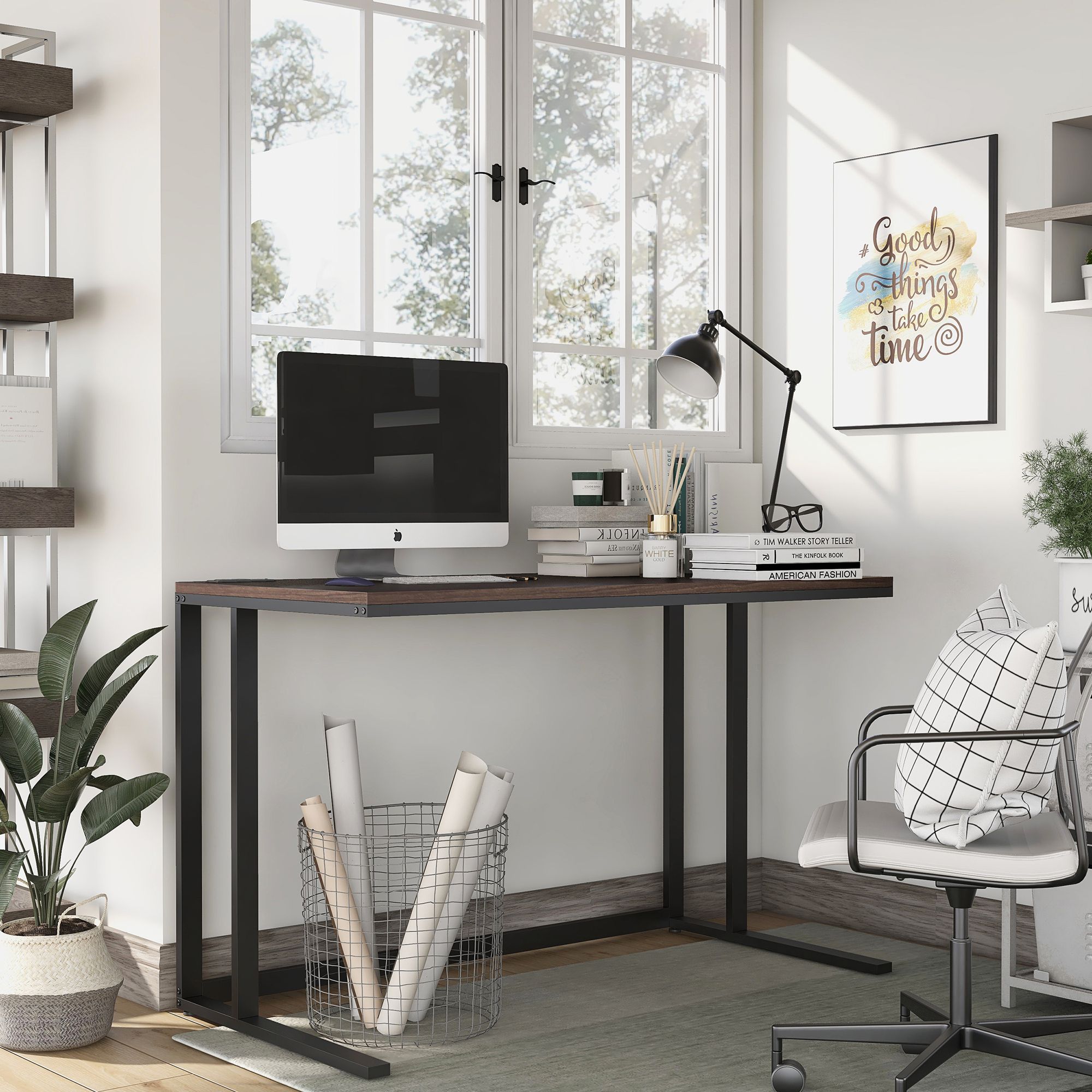 Margeta 47" Wide Walnut and Black Writing Desk with USB Port