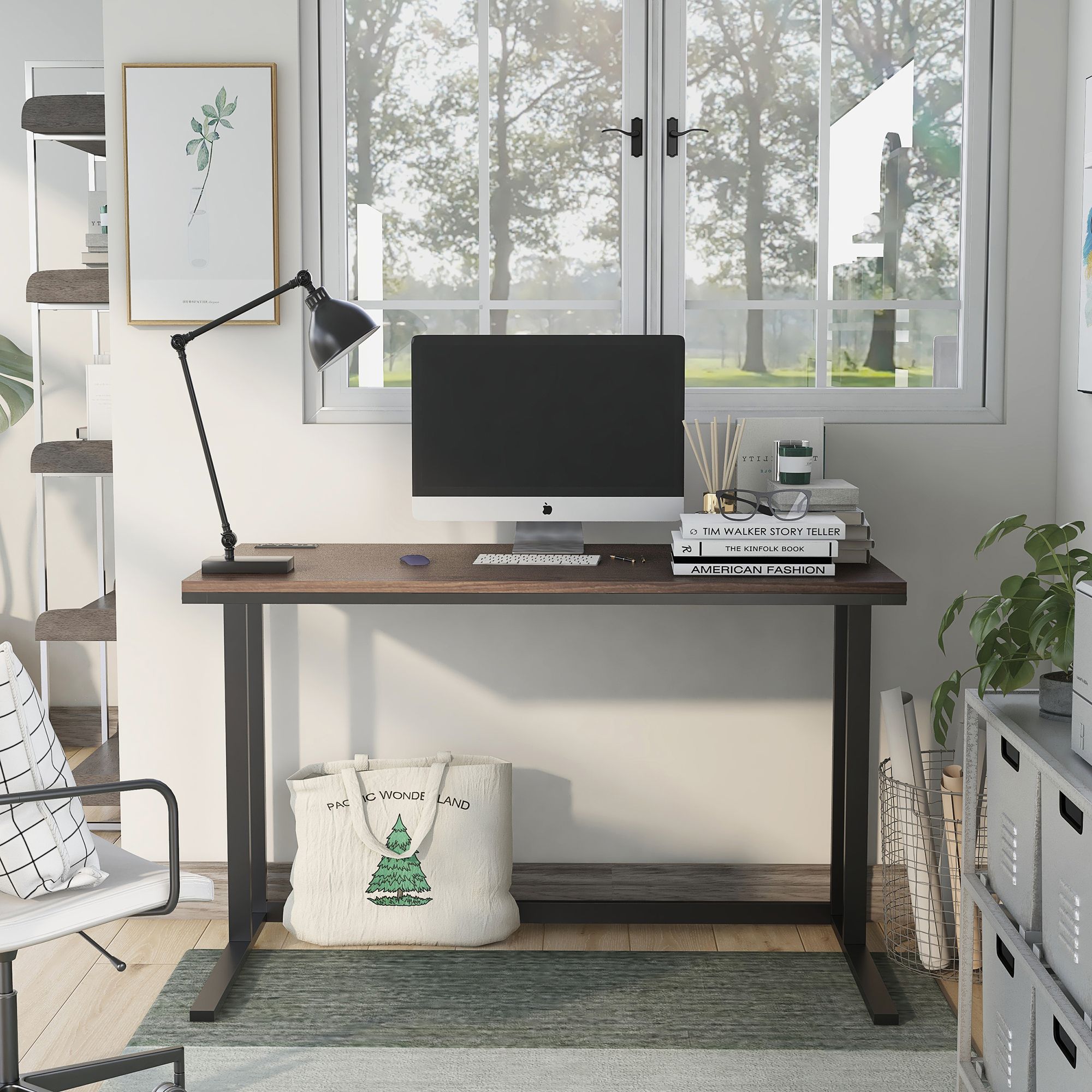 Margeta 47" Wide Walnut and Black Writing Desk with USB Port