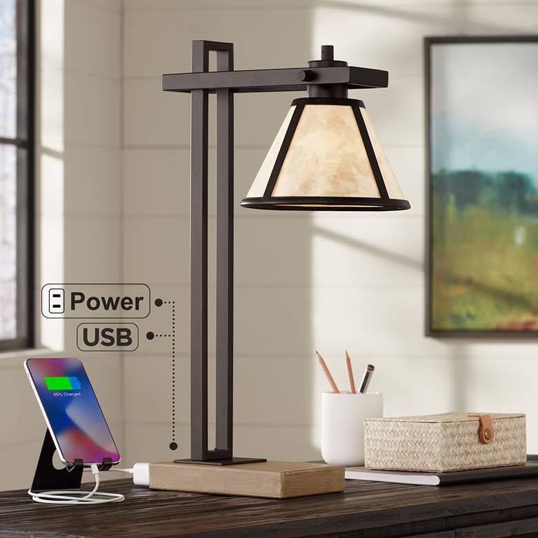 Maricopa Bronze Column Desk Lamp with USB Port and Outlet