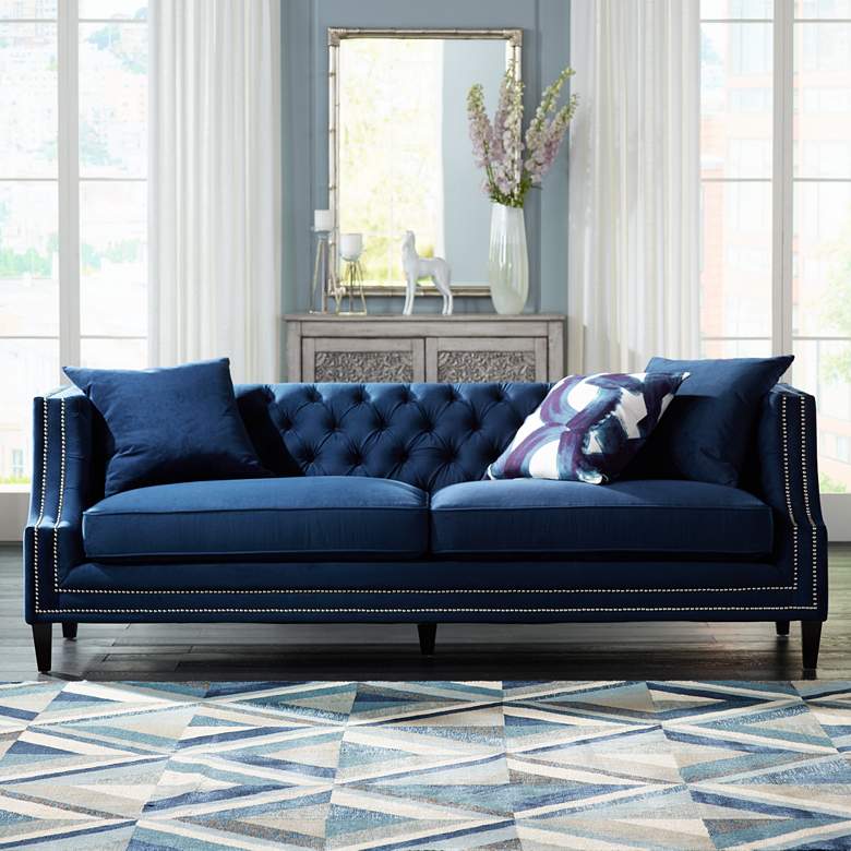 Image 2 Marilyn 93 inch Wide Blue Velvet Tufted Upholstered Sofa