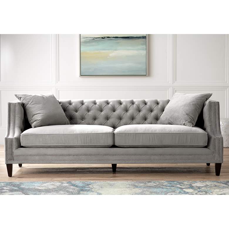 Image 2 Marilyn 93 inch Wide Taupe Gray Velvet Tufted Upholstered Sofa