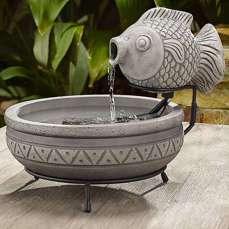 Image 1 Marin 13" High Gray Cement Solar Fish Outdoor Water Fountain