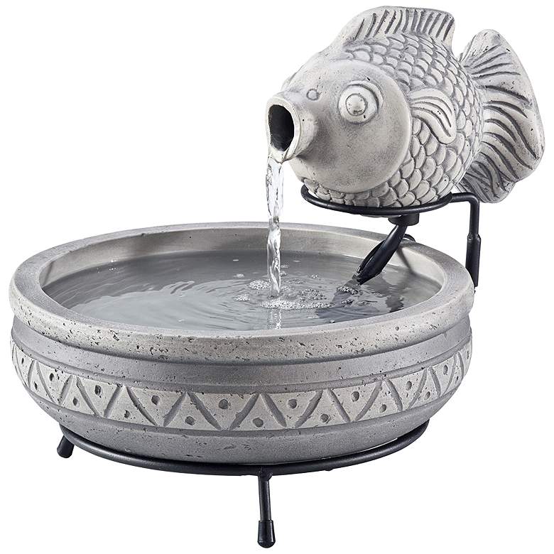 Image 3 Marin 13" High Gray Cement Solar Fish Outdoor Water Fountain more views