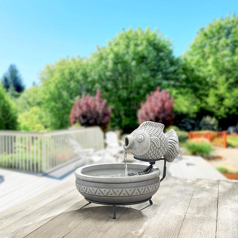 Image 4 Marin 13" High Gray Cement Solar Fish Outdoor Water Fountain more views
