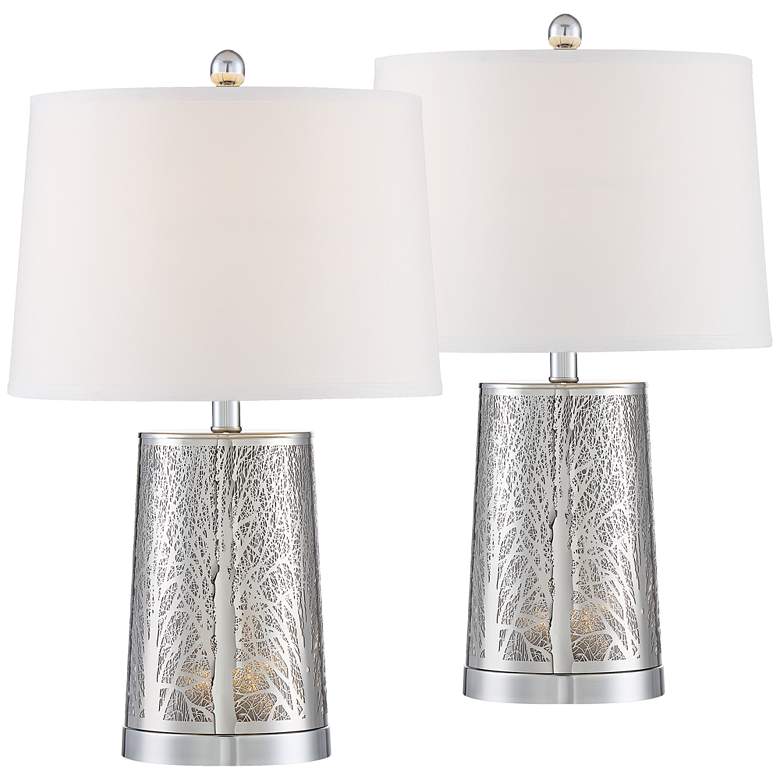Image 2 Marin Laser Cut Silver Base Modern Table Lamps With Night Lights Set of 2