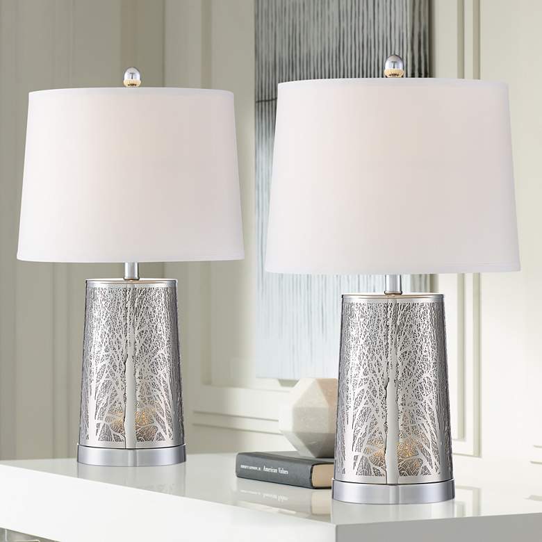 Image 1 Marin Laser Cut Silver Base Modern Table Lamps With Night Lights Set of 2