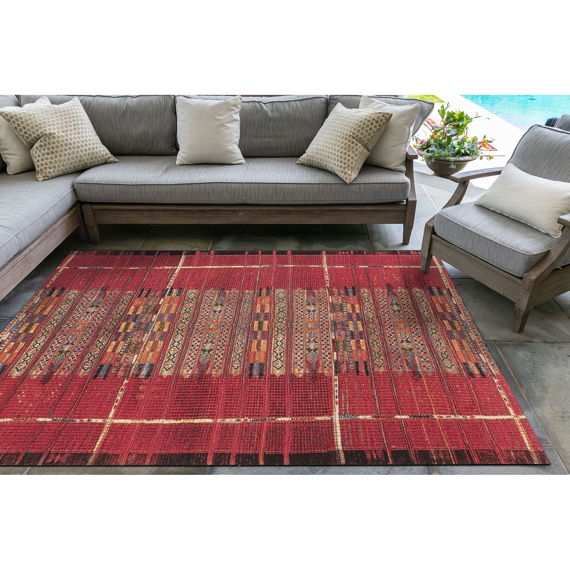 Marina Tribal Stripe 805724 6'6"x9'4" Red Outdoor Area Ru