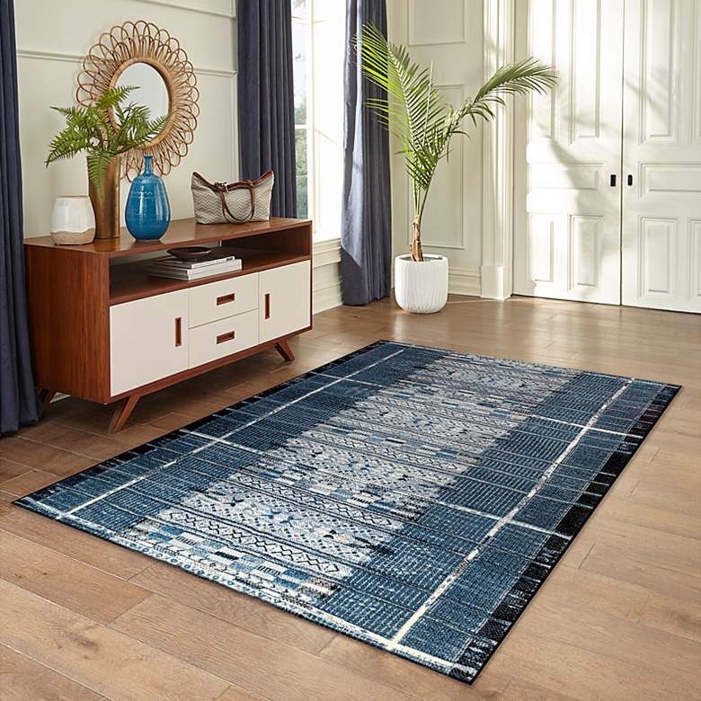 Image 1 Marina Tribal Stripe 805733 4&#39;10 inchx7&#39;6 inch Denim Outdoor Rug