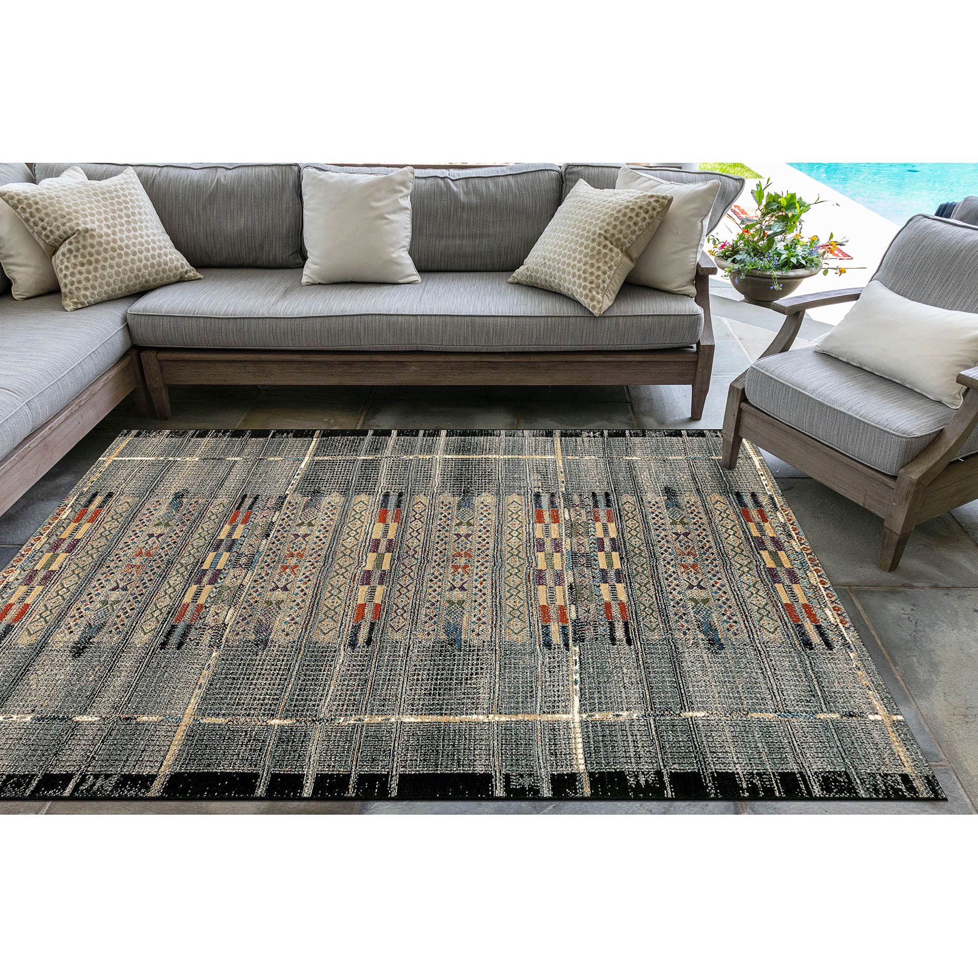 Marina Tribal Stripe 805748 6'6"x9'4" Black Outdoor Area 