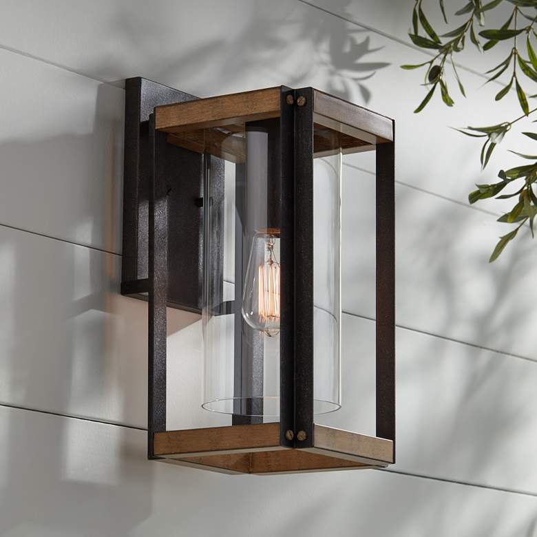 Image 1 Marion Square 16 1/2"H Black and Walnut Outdoor Wall Light