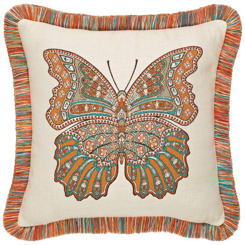 Image 1 Mariposa Coral Fringed 20" Square Indoor-Outdoor Pillow