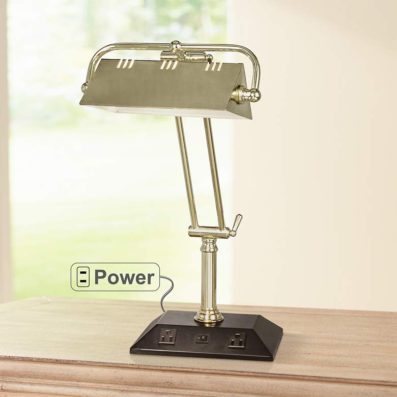 Market Satin Brass Adjustable Tech Desk Lamp with Outlets
