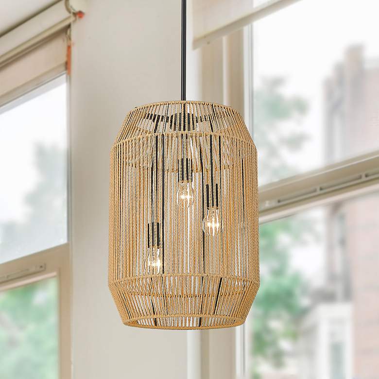 Image 1 Marlee 15" Wide Pendant in Matte Black with Natural Raphia Rope