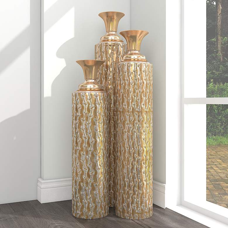 Image 1 Marlis Distressed Metallic Gold Cylinder Bud Vases Set of 3