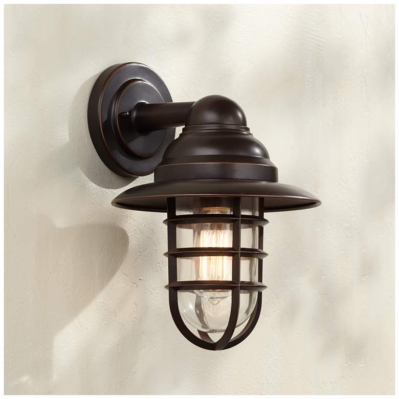 Image 1 Marlowe 13 1/4 inch High Bronze Hooded Cage Outdoor Wall Light