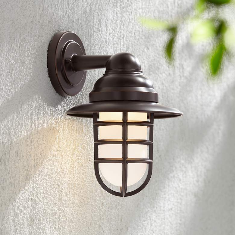 Image 1 Marlowe 13 1/4 inch High Bronze Industrial Cage LED Outdoor Wall Light