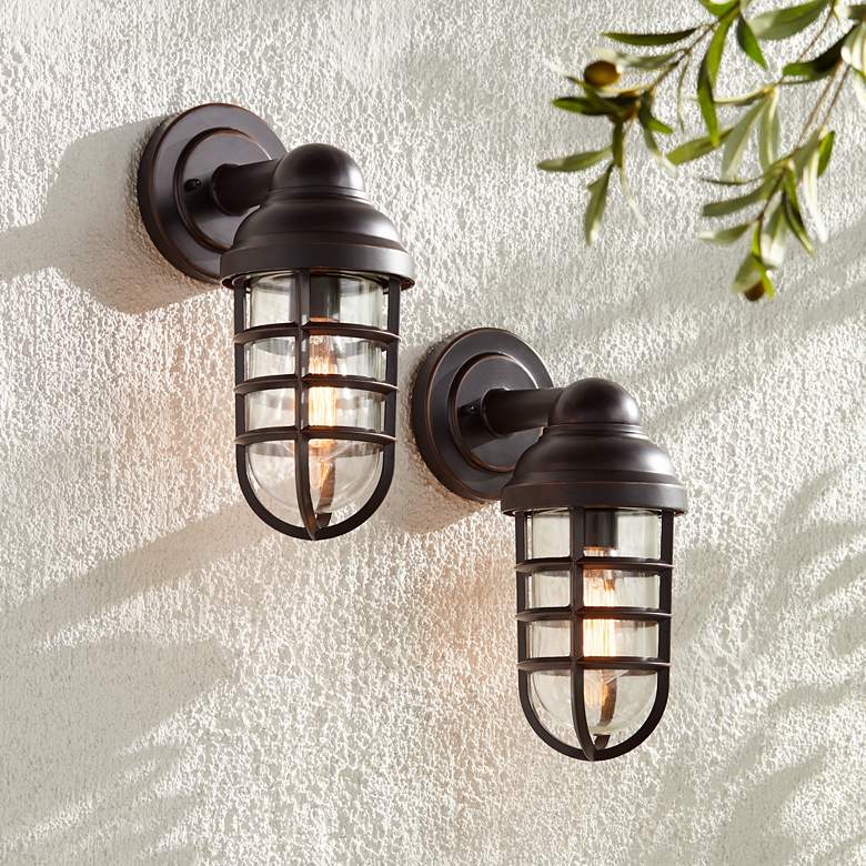 Image 1 Marlowe 13 1/4" High Bronze Metal Cage Outdoor Wall Light Set of 2