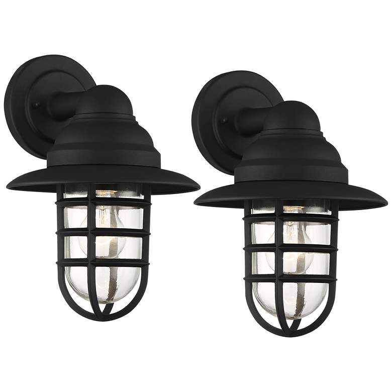 Image 1 Marlowe 13" High Black Hooded Cage Outdoor Wall Light Set of 2