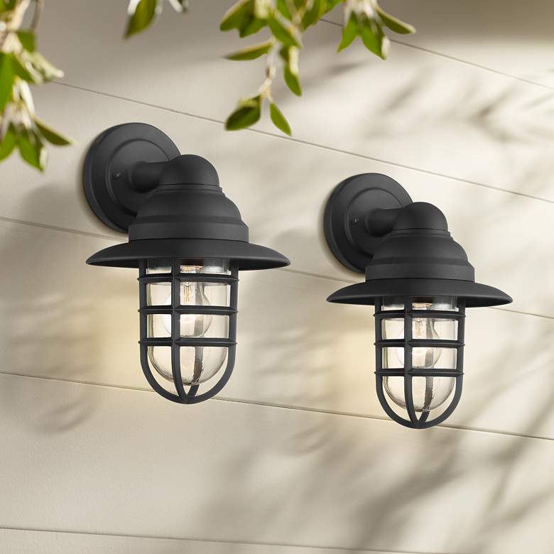 Image 1 Marlowe 13" High Black Hooded Cage Outdoor Wall Light Set of 2